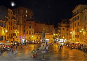 Campo dei Fiori at night with the monument to philosopher Giordano Brvno