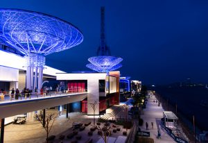 Bluewaters island promenade at night, new walking area with shopping mall and restaurants, newly opened leisure and travel spot in Dubai