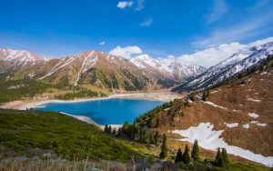 Tien Shan mountains, mountain lake, peaks, Big Almaty Lake, Kazakhstan